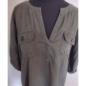 LOFT Womens Sheath Dress Size L Olive Green Button Up Utility Mid Length Pocket
